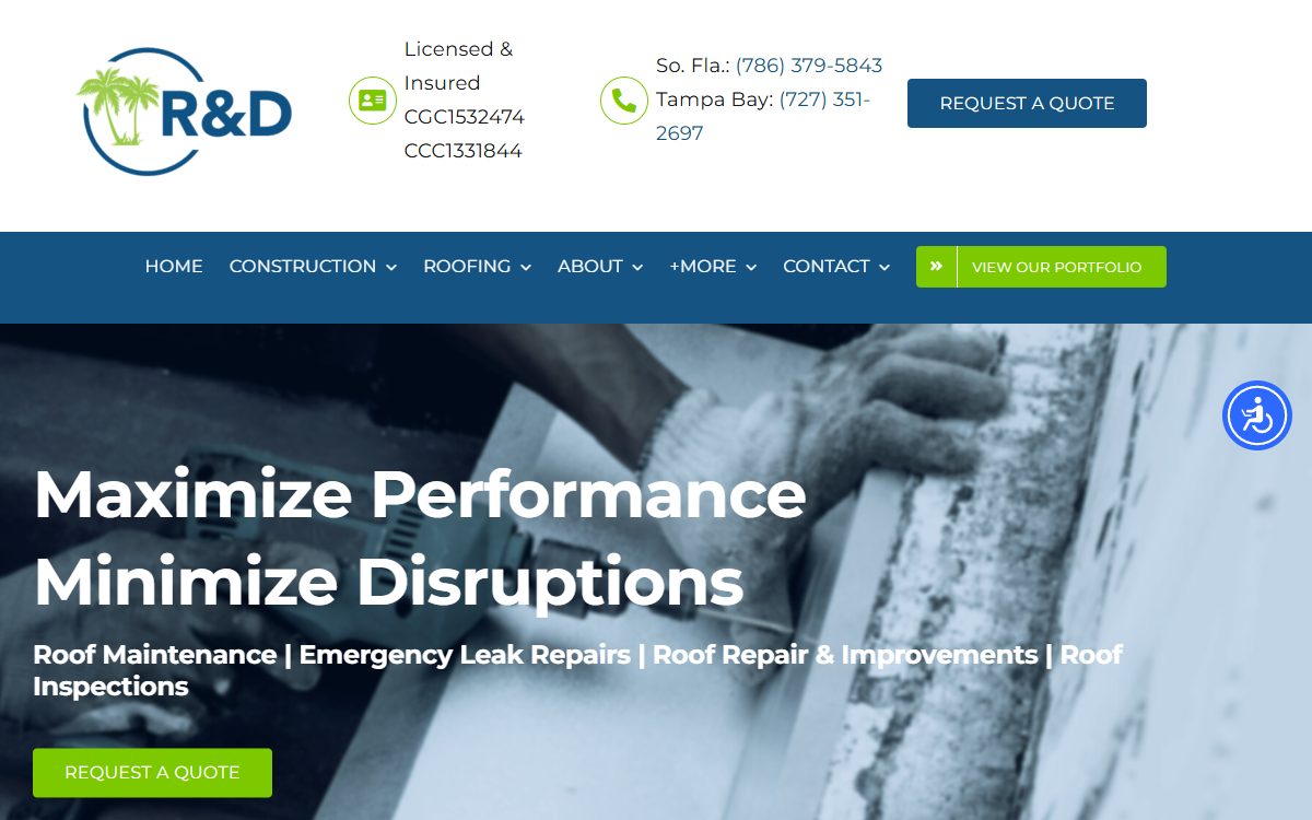 R&D Construction and Roofing Homepage, a Miami and Tampa Bay Commercial and Residential Roofing Contractor